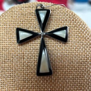 Silver tone black onyx and mother of pearl cross pendant